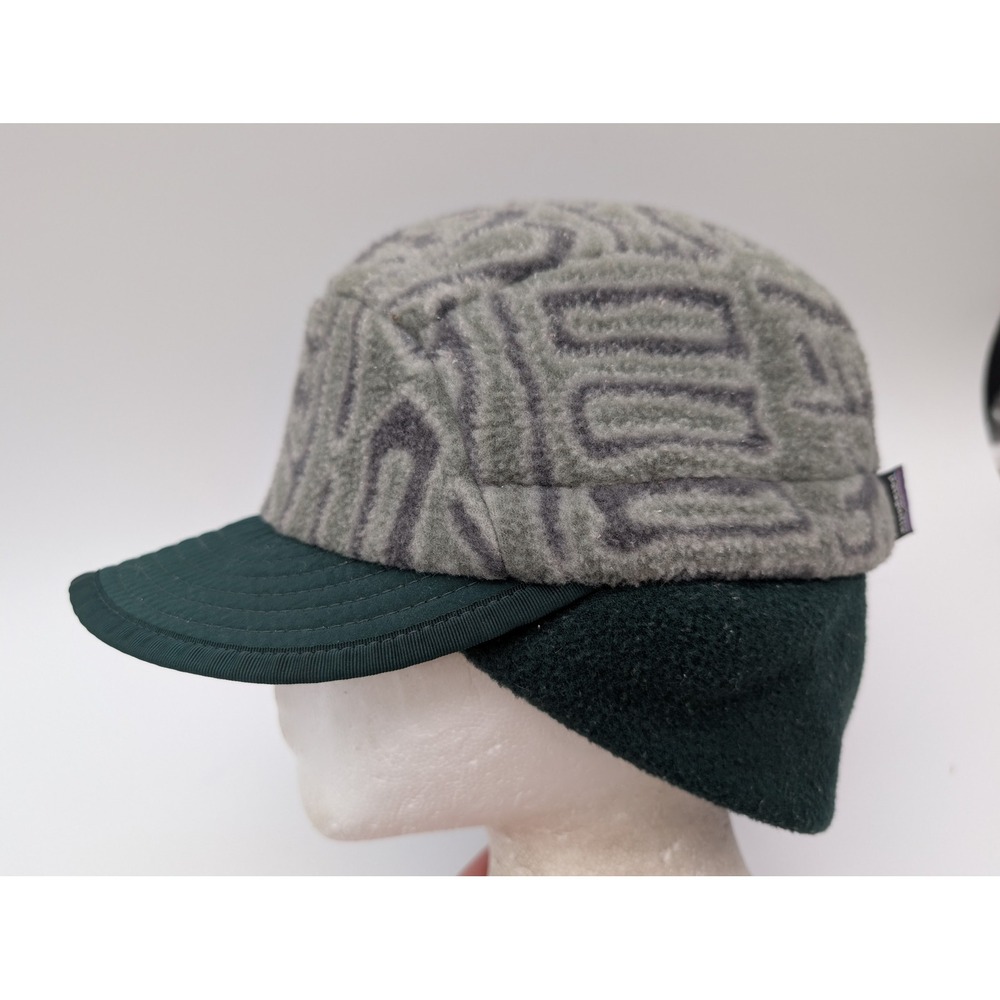 VTG Patagonia Synchilla Fleece Ear Flap Cap Grey Green Geometric Pattern Medium